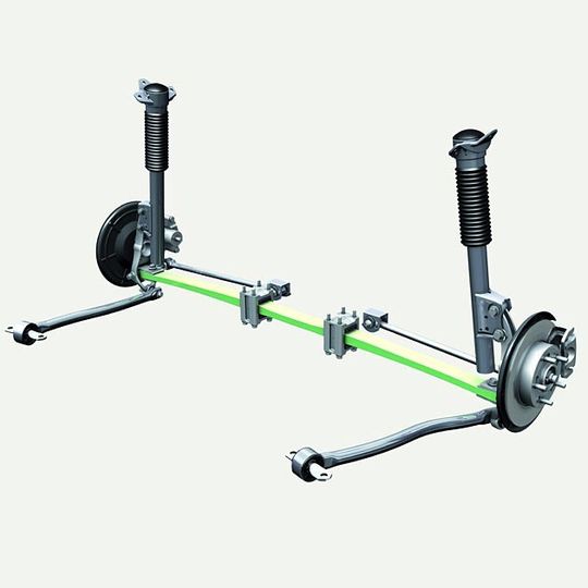 Die radführende Querblattfeder (hier grün) übernimmt in der ZF-Leichtbauachse Lenker- und Federungsfunktion (Hub- und Wankfederung).