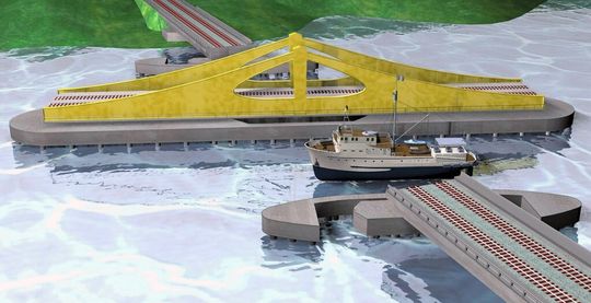 Prinzip der 2-spurigen Eisenbahn-Drehbrücke über den Prai River. Prinzip der 2-spurigen Eisenbahn-Drehbrücke über den Prai River.