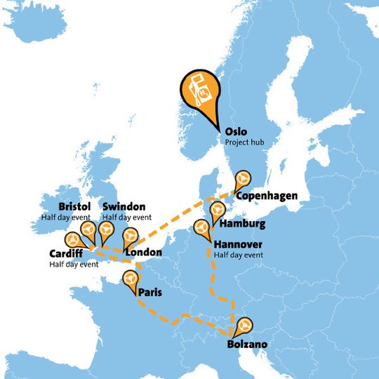 Die European Hydrogen Road Tour 2012 führt von Hamburg über Hannover, Bozen, Paris, Cardiff, Bristol, Swindon und London nach Kopenhagen Die European Hydrogen Road Tour 2012 führt von Hamburg über Hannover, Bozen, Paris, Cardiff, Bristol, Swindon und London nach Kopenhagen
