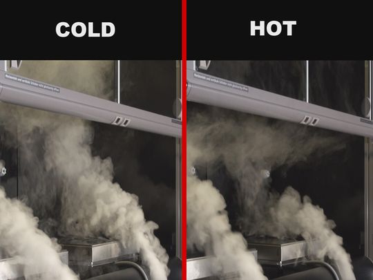 Abb.1: Die Lufströme in einem Abzug werden durch thermische Lasten beeinflusst (links: Abzug ohne Heizlast, rechts: Abzug mit Heizlast). Abb.1: Die Lufströme in einem Abzug werden durch thermische Lasten beeinflusst (links: Abzug ohne Heizlast, rechts: Abzug mit Heizlast).