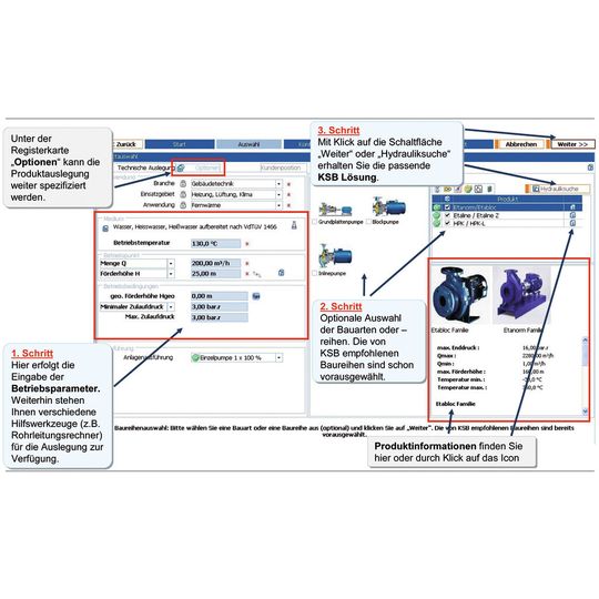 Bild 1: Anwender können mit dem Pumpenauslegungsprogramm KSB Easy Select Pumpensysteme auslegen und optimieren. Bild 1: Anwender können mit dem Pumpenauslegungsprogramm KSB Easy Select Pumpensysteme auslegen und optimieren.
