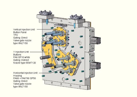 A schematic of the hot half of the mould, which features 10 hot runners. It is used to produce remote controls for cars. A schematic of the hot half of the mould, which features 10 hot runners. It is used to produce remote controls for cars.