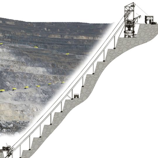 Thyssenkrupp Fördertechnik is developing and has patented a mining method that allows ore and overburden in hard rock mines to be transported without heavy truck transportation in inverted cone-shaped opencast mines. Thyssenkrupp Fördertechnik is developing and has patented a mining method that allows ore and overburden in hard rock mines to be transported without heavy truck transportation in inverted cone-shaped opencast mines.