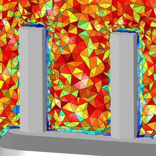 Dieses Bild zeigt das finite Elemente Netz einer Kühlrippe. Das automatisch erstellte Randschichtnetz (Boundary Layer Mesh) in Kombination mit automatischer Kantenverfeinerung und die neue Behandlung scharfer Kanten ermöglicht eine robuste Konvergenz der CFD- und Wärmeübertragungssimulation. Es wird ein Ausschnitt des Netzes in der Fluiddomain gezeigt, wobei die Farbe die Elementqualität darstellt. Dieses Bild zeigt das finite Elemente Netz einer Kühlrippe. Das automatisch erstellte Randschichtnetz (Boundary Layer Mesh) in Kombination mit automatischer Kantenverfeinerung und die neue Behandlung scharfer Kanten ermöglicht eine robuste Konvergenz der CFD- und Wärmeübertragungssimulation. Es wird ein Ausschnitt des Netzes in der Fluiddomain gezeigt, wobei die Farbe die Elementqualität darstellt.
