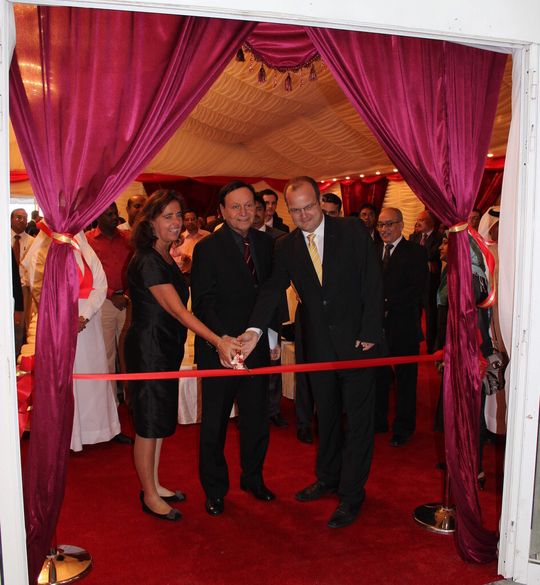 Ribbon-cutting at the new RMA plant: The launch was attended by H.E. Dr. Hassan Fakhro, Minister of Industry and Commerce, Sabine Taufmann, Ambassador of the Federal Republic of Germany to the Kingdom of Bahrain and Andreas Truttenbach, Chief Executive Officer of RMA. Ribbon-cutting at the new RMA plant: The launch was attended by H.E. Dr. Hassan Fakhro, Minister of Industry and Commerce, Sabine Taufmann, Ambassador of the Federal Republic of Germany to the Kingdom of Bahrain and Andreas Truttenbach, Chief Executive Officer of RMA.