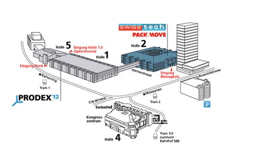 Plan des expositions bâloises: Swisstech, Pack&Move et Prodex. Plan des expositions bâloises: Swisstech, Pack&Move et Prodex.