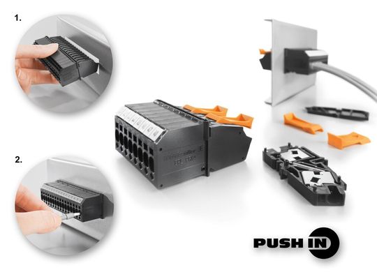 Komfort und Kostenersparnis bieten die Weidmüller-Durchführungsklemmen in Push-In-Anschlusstechnik. Detail 1: Hochpolige Klemmenblöcke lassen sich schnell und platzsparend in die Gehäusewand einrasten. Detail 2: Der Push-In-Anschluss nimmt Leitungen mit Aderendhülsen bis 4 mm2 auf. Komfort und Kostenersparnis bieten die Weidmüller-Durchführungsklemmen in Push-In-Anschlusstechnik. Detail 1: Hochpolige Klemmenblöcke lassen sich schnell und platzsparend in die Gehäusewand einrasten. Detail 2: Der Push-In-Anschluss nimmt Leitungen mit Aderendhülsen bis 4 mm2 auf.