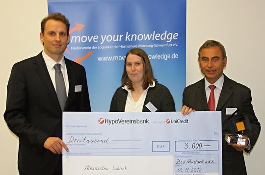 Verleihung des ersten Logistics Solution Award (v.l.): Balthas Klein vom Hochschul-Förderverein, Preisträgerin Alexandra Schieck sowie Geis-Geschäftsführer Dr. Johannes Söllner. Verleihung des ersten Logistics Solution Award (v.l.): Balthas Klein vom Hochschul-Förderverein, Preisträgerin Alexandra Schieck sowie Geis-Geschäftsführer Dr. Johannes Söllner.
