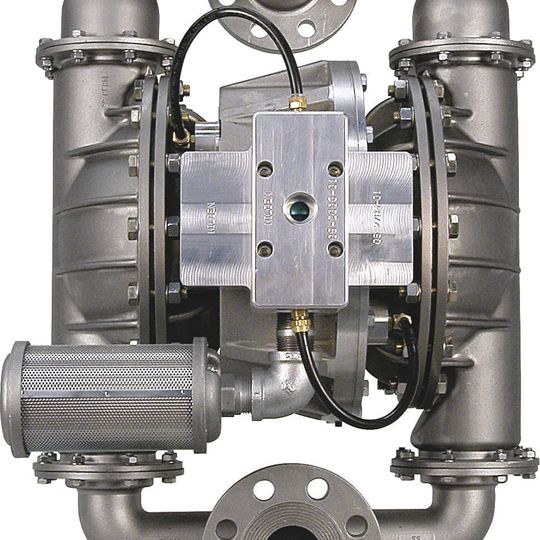 Wilden's H800 is constructed of stainless steel or ductile iron and creates a 3:1 pressure ratio with a maximum air inlet pressure of 5.9 bar (85 psi) and maximum discharge pressure of 17.2 bar (250 psi) while delivering flow rates up to 359 L/min (95 gpm). It can handle solids up to 12.7mm (1/2”) at operating temperatures to 225ºF (107ºC). Wilden's H800 is constructed of stainless steel or ductile iron and creates a 3:1 pressure ratio with a maximum air inlet pressure of 5.9 bar (85 psi) and maximum discharge pressure of 17.2 bar (250 psi) while delivering flow rates up to 359 L/min (95 gpm). It can handle solids up to 12.7mm (1/2”) at operating temperatures to 225ºF (107ºC).