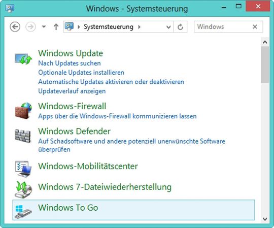 Das Starten des Assistenten von Windows To Go findet in der Systemsteuerung statt. Das Starten des Assistenten von Windows To Go findet in der Systemsteuerung statt.
