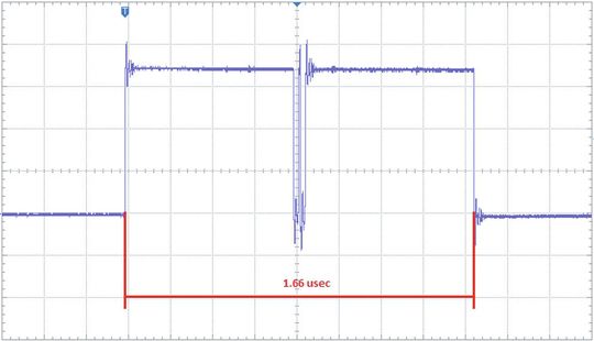 Screenshot 1: Die im Text beschriebene Pulsfolge im Original. Acht Pulse treten im Abstand von etwa acht Millisekunden zueinander auf.