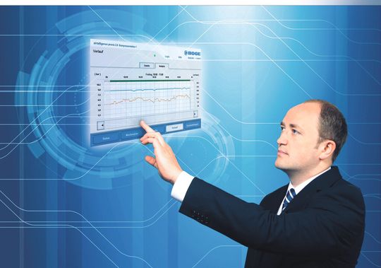 Alles im Blick: Ein 9-Zoll-TFT-Farbdisplay mit Touch-Funktion informiert über den aktuellen Betriebszustand der Druckluftstation. Alles im Blick: Ein 9-Zoll-TFT-Farbdisplay mit Touch-Funktion informiert über den aktuellen Betriebszustand der Druckluftstation.
