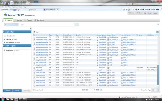 Die Suche nach Snapshots von gesicherten VM-Dateien ist nicht immer so einfach wie die Nutzung einer Suchmaschine, hier mit dem Snapshot Katalog von Syncsort ECX im Internet Explorer.