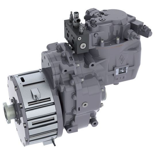 Elektrisch-hydraulisches Hybrid-Getriebe: Die Hydraulik stammt von Sauer Bibus, der Elektromotor von Heinzmann Elektrisch-hydraulisches Hybrid-Getriebe: Die Hydraulik stammt von Sauer Bibus, der Elektromotor von Heinzmann