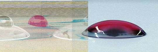 Bild 1 | Dauerhafte Hydrophilie mittels Plasmatechnik: So sieht eine Kontaktlinse vor (a) und nach der Polymerisation (b) aus. Bild 1 | Dauerhafte Hydrophilie mittels Plasmatechnik: So sieht eine Kontaktlinse vor (a) und nach der Polymerisation (b) aus.