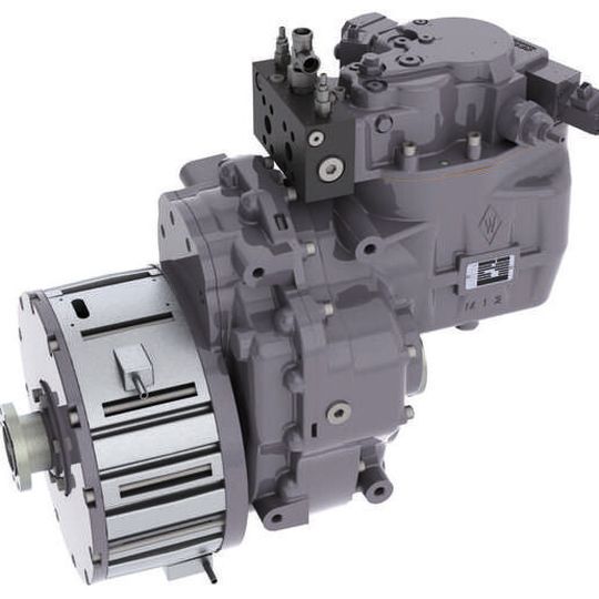 Elektrisch-hydraulisches Hybrid-Getriebe der Firmen Sauer Bibus und Heinzmann: Hydraulik von Sauer Bibus, Elektromotor von Heinzmann Elektrisch-hydraulisches Hybrid-Getriebe der Firmen Sauer Bibus und Heinzmann: Hydraulik von Sauer Bibus, Elektromotor von Heinzmann