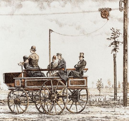 Siemens Electromote: Der Prototyp des ersten elektrischen Oberleitungsbusses, dargestellt auf einer zeitgenössischen Postkarte Siemens Electromote: Der Prototyp des ersten elektrischen Oberleitungsbusses, dargestellt auf einer zeitgenössischen Postkarte