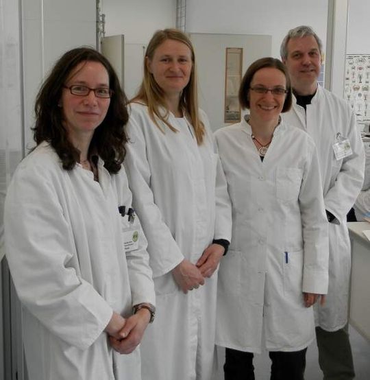 Bild 2:Prof. Dr. Ramsack (2. v. links) informiert sich über die laborpraktische Ausbildung der BTA-Auszubildenden in den Hildener Biotechnologie-Laboren. Dafür besucht sie verschiedene Fachpraxisunterrichte. Abteilungsleiter PD Dr. Hartmut Böhm (4. v. links) und Lehrinnnen der Abteilung der Biowissenschaften, Dr. Heike Meininghaus (3. v. links) und Isabel Ohneck (1. v. links) erläuterten dabei ihr pädagogisches Konzept. Bild 2:Prof. Dr. Ramsack (2. v. links) informiert sich über die laborpraktische Ausbildung der BTA-Auszubildenden in den Hildener Biotechnologie-Laboren. Dafür besucht sie verschiedene Fachpraxisunterrichte. Abteilungsleiter PD Dr. Hartmut Böhm (4. v. links) und Lehrinnnen der Abteilung der Biowissenschaften, Dr. Heike Meininghaus (3. v. links) und Isabel Ohneck (1. v. links) erläuterten dabei ihr pädagogisches Konzept.