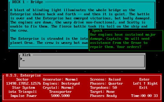 Des textbasierte Adventure „The Kobayashi Alternative“ erlaubte in begrenztem Maße die Interaktion mit den Crewmitgliedern. Jedes besuchte Sternensystem war mit Rätseln gespickt.