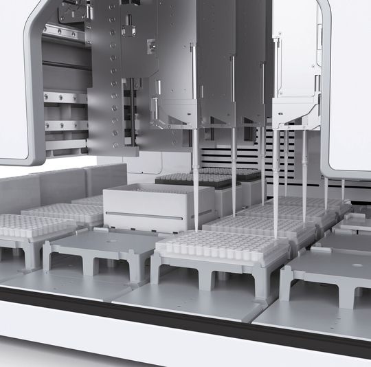 Abb. 1: Acht unabhängige Pipettier-Köpfe garantieren hohe Effizienz, Geschwindigkeit und Flexibilität. Abb. 1: Acht unabhängige Pipettier-Köpfe garantieren hohe Effizienz, Geschwindigkeit und Flexibilität.