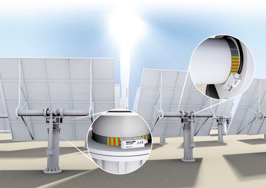 BML Magnetbandmesssysteme von Balluff messen präzise die aktuelle Azimut- und Evaluation-Stellung direkt an den Drehachsen der Heliostaten an den Solarturm-Wärmekraftwerken. BML Magnetbandmesssysteme von Balluff messen präzise die aktuelle Azimut- und Evaluation-Stellung direkt an den Drehachsen der Heliostaten an den Solarturm-Wärmekraftwerken.