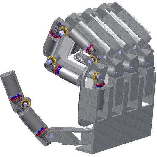 Zwei hintereinander geschaltete hochuntersetzende Getriebe wandeln in einer Roboterhand die Drehbewegung des Elektromotors in eine verstärkte Drehbewegung des Gelenks um.