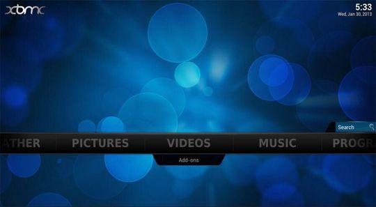 XBMC Home Screen: Der Multimedia-Startbildschirm eröffnet Ihnen zahlreiche Auswahlmöglichkeiten