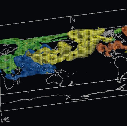 Diese Simulation zeigt Beispielhaft, wie sich Emissionen des Luftschadstoffs CO aus europäischen (grün), nordamerikanischen (orange), südasiatischen (blau) und ostasiatischen (gelb) Quellen in der Atmosphäre verteilen. Diese Simulation zeigt Beispielhaft, wie sich Emissionen des Luftschadstoffs CO aus europäischen (grün), nordamerikanischen (orange), südasiatischen (blau) und ostasiatischen (gelb) Quellen in der Atmosphäre verteilen.