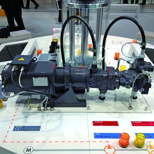 Besonders gute Wirkungsgrade lassen sich durch die Kombination von Konstant- und Verstellpumpe erreichen – hier in Verbindung mit einem Square-Frame-Asynchron-Motor. Besonders gute Wirkungsgrade lassen sich durch die Kombination von Konstant- und Verstellpumpe erreichen – hier in Verbindung mit einem Square-Frame-Asynchron-Motor.