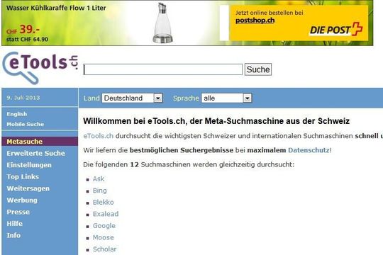 Die Schweizer Meta-Suchmaschine etools.ch wertet bis zu 12 Internet-Suchdienste aus. Die Schweizer Meta-Suchmaschine etools.ch wertet bis zu 12 Internet-Suchdienste aus.