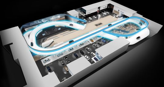 Das Herzstück des BMW-Messestandes auf der diesjährigen IAA ist die Fahrbahn in Form eines Unendlichkeitszeichens, auf Messebesucher im BMW i3 und in weiteren Fahrzeugpremieren von BMW mitfahren können. Das Herzstück des BMW-Messestandes auf der diesjährigen IAA ist die Fahrbahn in Form eines Unendlichkeitszeichens, auf Messebesucher im BMW i3 und in weiteren Fahrzeugpremieren von BMW mitfahren können.
