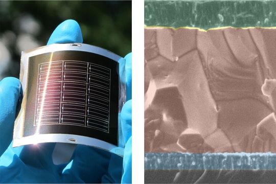 CdTe-Solarzellen auf einer flexiblen Metallfolie (links) und Elektronenmikroskop-Aufnahme (EM) des Zellaufbaus in der Substrat-Konfiguration (rechts) mit dem elektrischen Frontkontakt (oberste Schicht), der zentralen CdTe-Schicht und dem rückseitigen Kontakt aus Metall (unterste Schicht), deponiert auf einem Glasträger. (Glas ermöglicht schärfere EM-Aufnahmen und wurde deshalb als Trägermaterial benutzt.) CdTe-Solarzellen auf einer flexiblen Metallfolie (links) und Elektronenmikroskop-Aufnahme (EM) des Zellaufbaus in der Substrat-Konfiguration (rechts) mit dem elektrischen Frontkontakt (oberste Schicht), der zentralen CdTe-Schicht und dem rückseitigen Kontakt aus Metall (unterste Schicht), deponiert auf einem Glasträger. (Glas ermöglicht schärfere EM-Aufnahmen und wurde deshalb als Trägermaterial benutzt.)