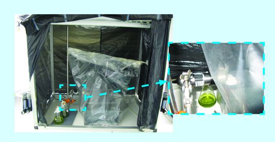 Abb. 1: Versuchsaufbau: Die Nahaufnahme auf der rechten Seite zeigt die Visisens-Detektoreinheit DU01. In der transparenten Plastiktüte kann man die beiden Testgefäße mit Chlamydomonas-Zellen erkennen. Abb. 1: Versuchsaufbau: Die Nahaufnahme auf der rechten Seite zeigt die Visisens-Detektoreinheit DU01. In der transparenten Plastiktüte kann man die beiden Testgefäße mit Chlamydomonas-Zellen erkennen.