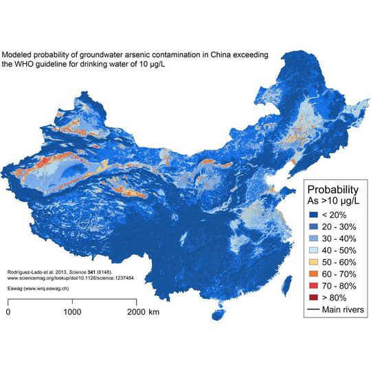 Wahrscheinlichkeit für Arsenkonzentrationen über 10 µg/L im Grundwasser Chinas. Insgesamt sind rund 580.000 Quadratkilometer betroffen. Wahrscheinlichkeit für Arsenkonzentrationen über 10 µg/L im Grundwasser Chinas. Insgesamt sind rund 580.000 Quadratkilometer betroffen.