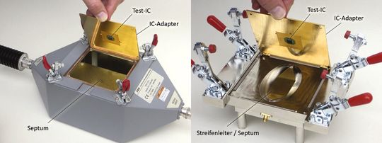 HF-Messinstrumente im Vergleich: Eine TEM-Zelle FCC-TEM-JM3 (links) und die IC-Streifenleitung µSL 80A (rechts) HF-Messinstrumente im Vergleich: Eine TEM-Zelle FCC-TEM-JM3 (links) und die IC-Streifenleitung µSL 80A (rechts)