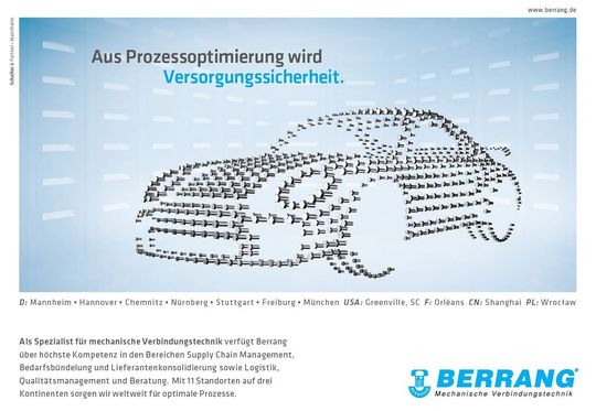 Die Kampagne zeigt, wo Berrang überall drinsteckt: In diesem Fall fomiert sich der Schrauben-Schwarm zu einem Porsche. Der Text kommuniziert ergänzend die Benefits, für die das Unternehmen steht. Die Kampagne zeigt, wo Berrang überall drinsteckt: In diesem Fall fomiert sich der Schrauben-Schwarm zu einem Porsche. Der Text kommuniziert ergänzend die Benefits, für die das Unternehmen steht.