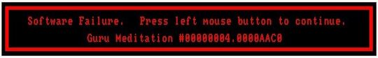 Die „Guru Meditation“ des Amiga versuchte Anwendern einen Hinweis über die Ursache des fatalen Ausnahmefehlers zu geben. Das erste der beiden Zahlenfelder zeigte in der Regel die Nummer des Ausnahmefehlers an, die zweite eine Speicheradresse.