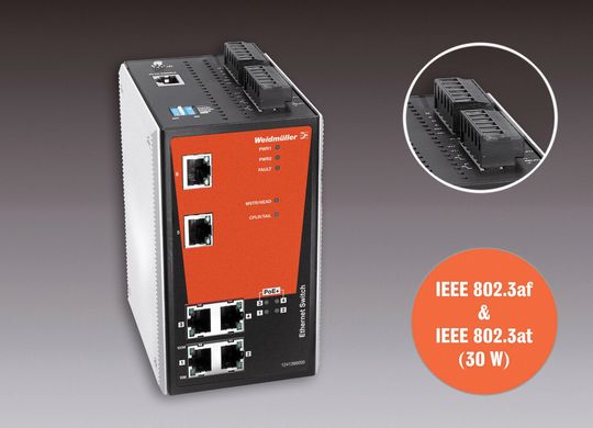 Weidmüller bietet Power-over-Ethernet (PoE) Switches im Produktsortiment Basic Line (Unmanaged) respektive Premium Line (Managed). Detail: 24 V für PoE-Versorgung. Weidmüller bietet Power-over-Ethernet (PoE) Switches im Produktsortiment Basic Line (Unmanaged) respektive Premium Line (Managed). Detail: 24 V für PoE-Versorgung.