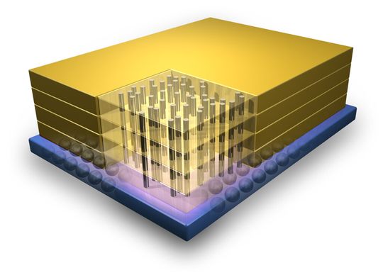 Beispiel einer 3D-Chiparchitektur: Die Röhrchen sind Leiterbahnen. Zusätzlich können aber auch Kühlkanäle eingeätzt werden. Beispiel einer 3D-Chiparchitektur: Die Röhrchen sind Leiterbahnen. Zusätzlich können aber auch Kühlkanäle eingeätzt werden.