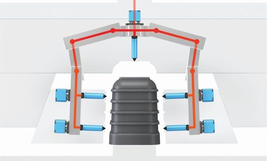 A schematic of the hot runner system with rotating melt transfer joints. Its linked manifolds are said to move freely to distribute plastic anywhere inside the injection mould. A schematic of the hot runner system with rotating melt transfer joints. Its linked manifolds are said to move freely to distribute plastic anywhere inside the injection mould.
