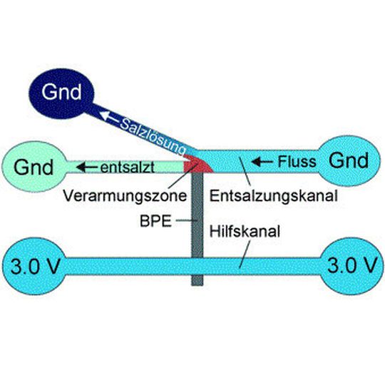 Mit einer einfachen Spannungsquelle wurde eine Potentialdifferenz von 3.0 V an eine mikroelektrochemische Zelle angelegt, die aus zwei Mikrokanälen verbunden durch eine bipolare Elektrode (BPE) besteht, um Chloridoxidation und Wasserelektrolyse an den BPE-Polen auszulösen. Die entstehende Ionenverarmungszone und der damit verbundene elektrische Feldgradient dirigieren die Ionen in einen abzweigenden Kanal, wobei man entsalztes Wasser erhält. Gnd=Erdung. Mit einer einfachen Spannungsquelle wurde eine Potentialdifferenz von 3.0 V an eine mikroelektrochemische Zelle angelegt, die aus zwei Mikrokanälen verbunden durch eine bipolare Elektrode (BPE) besteht, um Chloridoxidation und Wasserelektrolyse an den BPE-Polen auszulösen. Die entstehende Ionenverarmungszone und der damit verbundene elektrische Feldgradient dirigieren die Ionen in einen abzweigenden Kanal, wobei man entsalztes Wasser erhält. Gnd=Erdung.