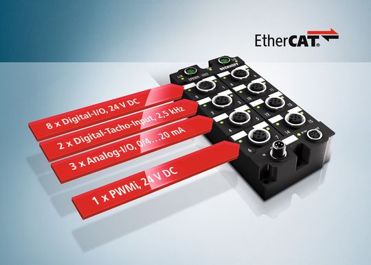 Die I/O-Box EP8309 kombiniert alle notwendigen Ein- und Ausgänge, um beispielsweise Bremssysteme über EtherCAT ansteuern zu können. Die I/O-Box EP8309 kombiniert alle notwendigen Ein- und Ausgänge, um beispielsweise Bremssysteme über EtherCAT ansteuern zu können.