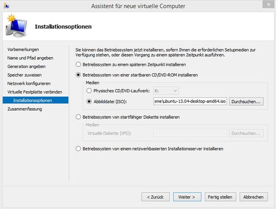 Abbildung 2: Das Auswählen des Installationsdatenträgers des virtuellen Linux-Computers erfolgt wie für Windows-Server.