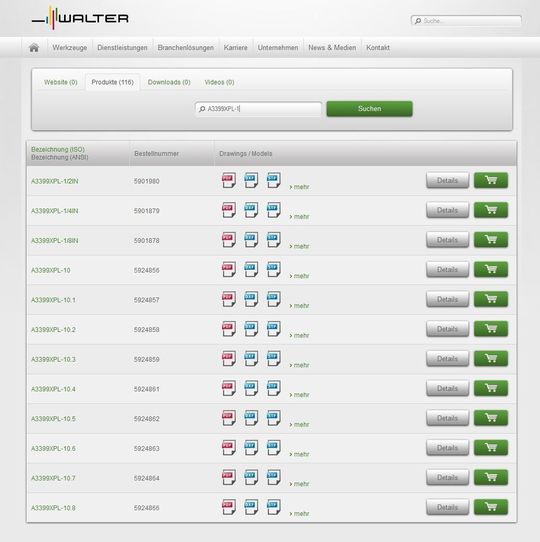 Die Trefferliste der Produkt-Code-Suche zeigt die verfügbaren Zeichnungen und 3D-Modelle an, dazu den Link zum Online-Shop. Die Trefferliste der Produkt-Code-Suche zeigt die verfügbaren Zeichnungen und 3D-Modelle an, dazu den Link zum Online-Shop.
