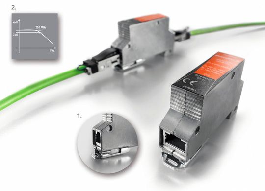 Weidmüller Varitector-Data CAT6: Überspannungsschutzgerät für Ethernet-Anwendungen. Detail 1: Die sichere Ableitung geschieht über einen robusten Metallfuß. Detail 2: Mit der erhöhten Grenzfrequenz von 250 MHz eignet sich der Überspannungsschutz ideal für 1GBASE-T-Applikationen. Weidmüller Varitector-Data CAT6: Überspannungsschutzgerät für Ethernet-Anwendungen. Detail 1: Die sichere Ableitung geschieht über einen robusten Metallfuß. Detail 2: Mit der erhöhten Grenzfrequenz von 250 MHz eignet sich der Überspannungsschutz ideal für 1GBASE-T-Applikationen.