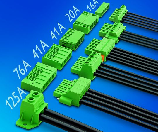 Bild 1: Leistungsprintklemmen und -Steckverbinder Combicon power können Ströme bis 125 A bei Leiterquerschnitten bis 35 mm2 übertragen Bild 1: Leistungsprintklemmen und -Steckverbinder Combicon power können Ströme bis 125 A bei Leiterquerschnitten bis 35 mm2 übertragen