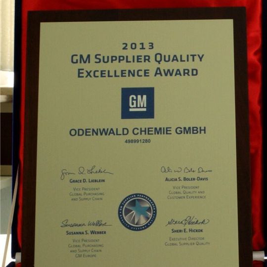 Odenwald-Chemie erhält den GM-Europe „Supplier Quality Excellence Award“. Odenwald-Chemie erhält den GM-Europe „Supplier Quality Excellence Award“.