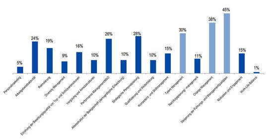 Für Personaler besteht gerade im Bereich der Steigerung von Führungs- und Managementqualitäten Handlungsbedarf. Weitabgeschlagen ist hingegen der häufig diskutierte Bereich „Work-Life-Balance“. Für Personaler besteht gerade im Bereich der Steigerung von Führungs- und Managementqualitäten Handlungsbedarf. Weitabgeschlagen ist hingegen der häufig diskutierte Bereich „Work-Life-Balance“.