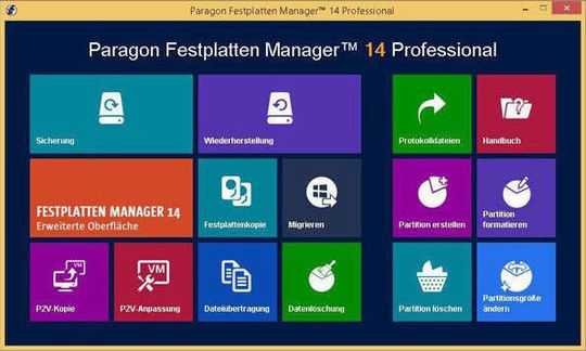 Der Festplatten Manager 14 ist zu Windows 8/8.1 und dessen Kacheldesign vollkommen kompatibel. Wem Kacheln nicht zusagen, kann aber auch auf ein klassisches Menü zurückgreifen. Der Festplatten Manager 14 ist zu Windows 8/8.1 und dessen Kacheldesign vollkommen kompatibel. Wem Kacheln nicht zusagen, kann aber auch auf ein klassisches Menü zurückgreifen.
