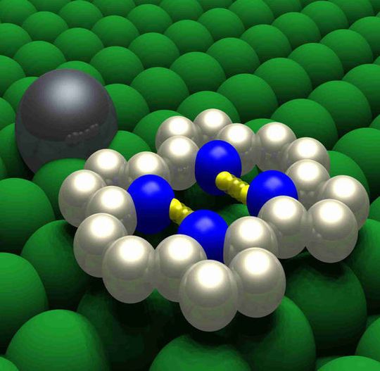 Porphycen-Molekül und Kupferatom auf einer Kupferoberfläche. Das Kupferatom steuert den Protonentransfer im Porphycen-Molekül. Porphycen-Molekül und Kupferatom auf einer Kupferoberfläche. Das Kupferatom steuert den Protonentransfer im Porphycen-Molekül.